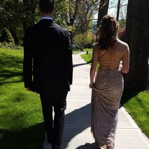 Champagne colored prom dress with beading